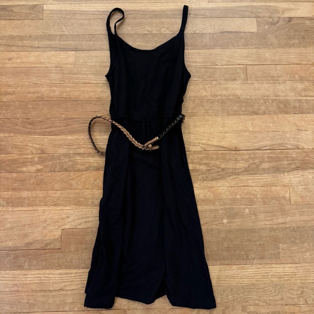 Sonoma black purple sleeveless belted knee length shift dress size medium M
b48